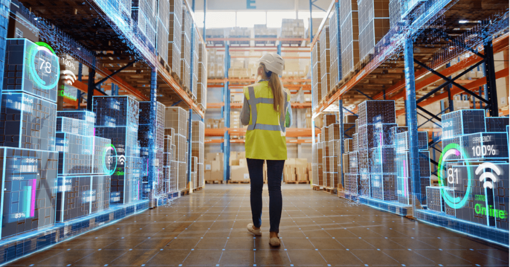 Woman walking through a warehouse with a visual representation of product and stock data overlaying the items on the racking shelves