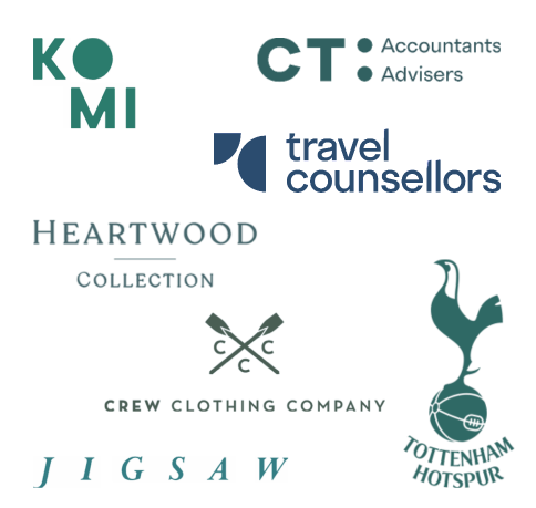 Clekt Customer Logo Collection, including CT, Travel Counsellors, KOMI, Heartwood Collection, Crew Clothing, Jigsaw and Tottenham Hotspur