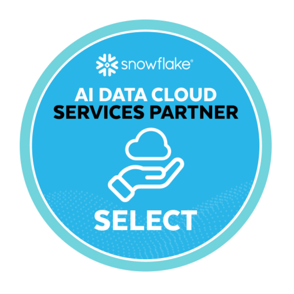 Snowflake AI Data Cloud Services Select Partner Badge - a blue circle with the Snowflake logo at the top centre, the wording below and an icon in white showing a hand supporting a cloud hovering above